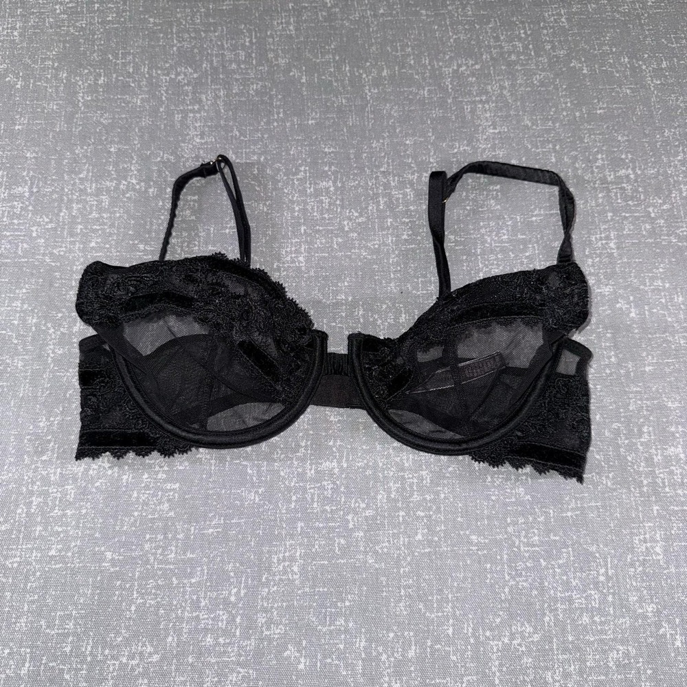 Victorias Secret Bra Womens 36B Black Lace Balconette Underwire Unlined Sheer